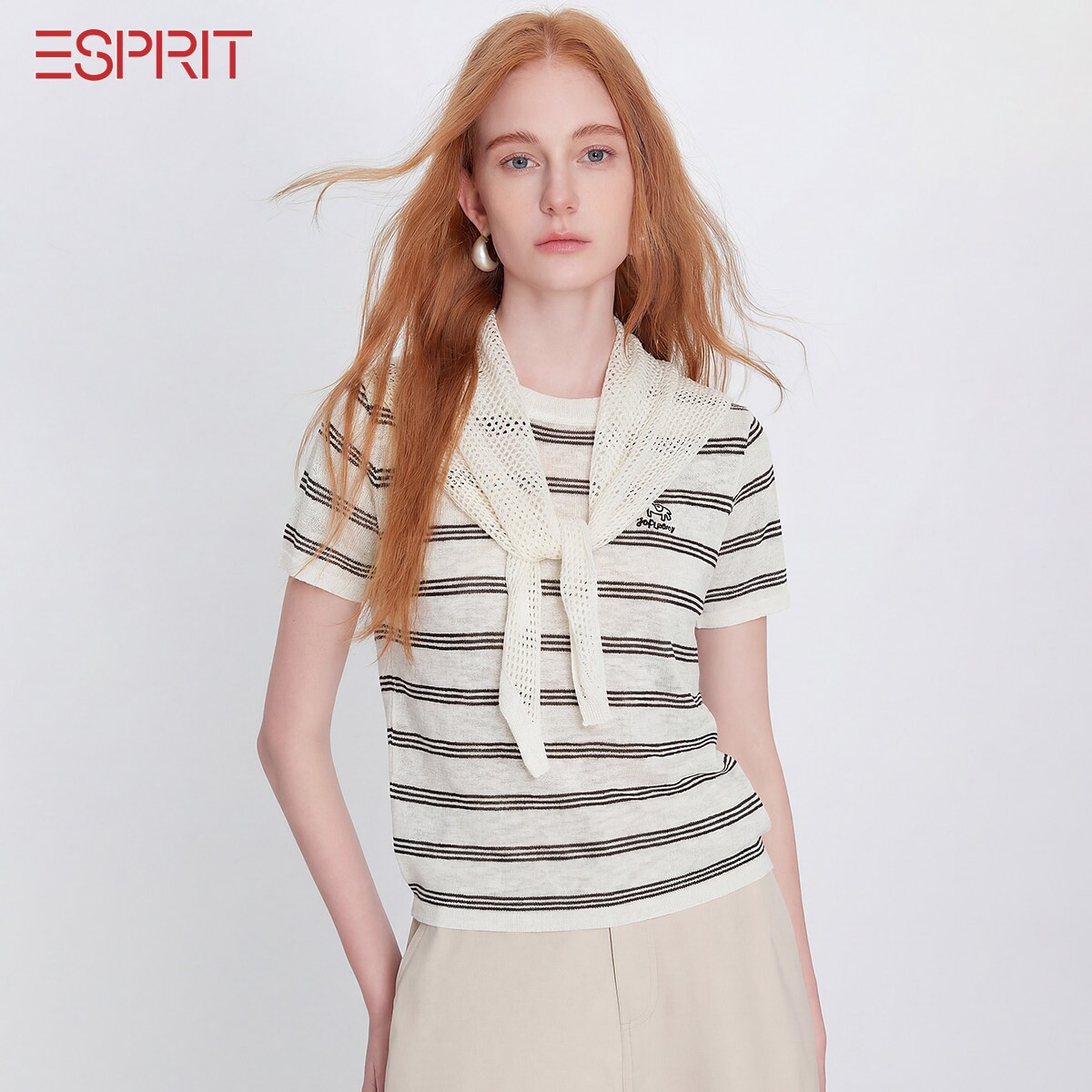ESPRIT/埃斯普利特学院风条纹绑带T恤女短袖海军风针织衫通勤上衣