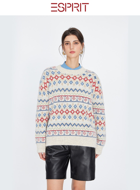 ESPRIT/埃斯普利特费尔岛几何花纹羊毛套衫女圆领宽松百搭针织衫