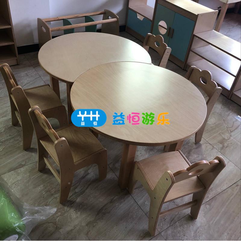 儿童室教木制画画学习桌JDU幼儿园桦木型造组合桌椅三角桌半圆术