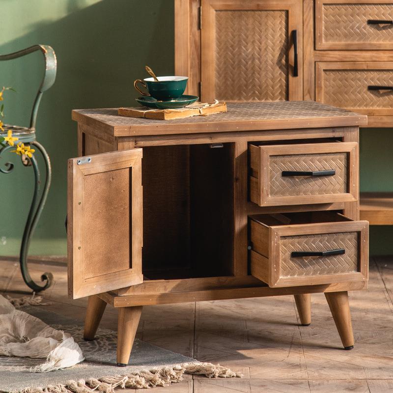 式乡村原木色床头柜复做旧美木矮古A2257柜小户型客厅沙实发边柜