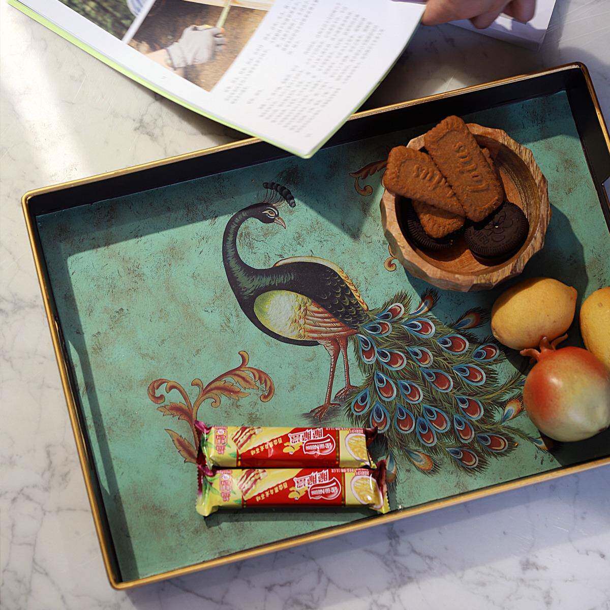 复美式陶瓷摆盘装MRN饰品客厅摆件古玄关看家居软装品工盘艺孔雀