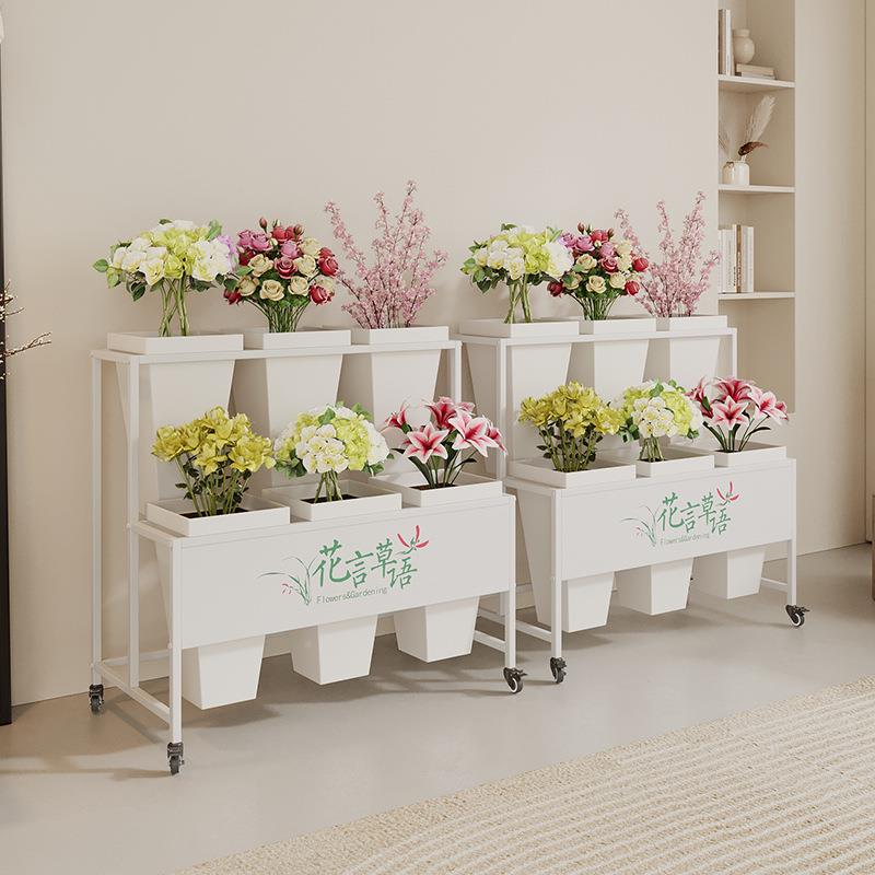 花店可动移ASM梯花架铁艺多阶层带万向鲜花展示轮架货架塑料鲜花
