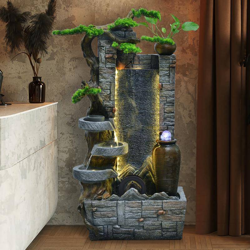 大型装水墙幕流水屏风客LRI厅隔断石磨泉摆件风水轮喷假山迎客松