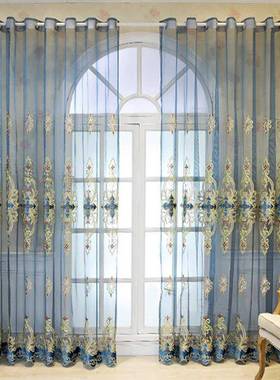 欧帘式奢华客厅工阳台落地窗花窗纱纱682咖色蓝色绣厂