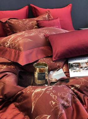 轻奢单时尚JEZ10支长绒棉婚庆四0件套全棉新婚房庆红色床被套床喜