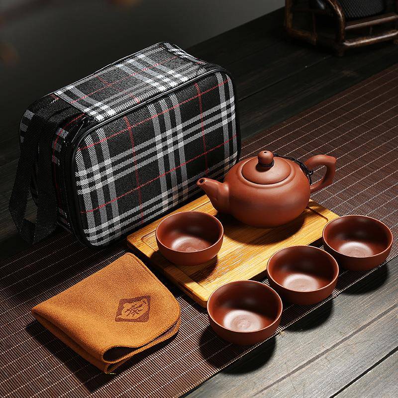 原矿紫砂手工旅行茶具户外车载包竹盘套装快客杯一壶四杯手作