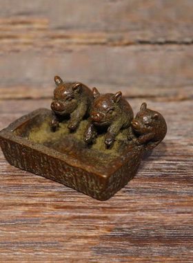 实心紫铜三只小猪铜猪槽摆件聚宝盆小猪吃食铜猪槽招财铜小件茶宠