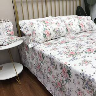 蔷薇盛开汉麻双人床单韩系少女心印花吸湿透气公主风床单三件套