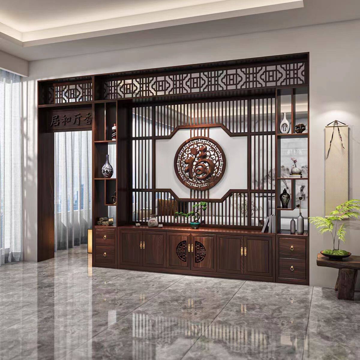 新中式实木屏风隔断客厅柜餐厅博古架月洞门遮挡玄关入户正对大门