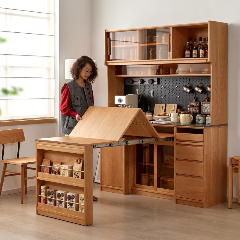 北美樱桃木餐边柜折叠餐桌一体小户型实木隐藏式餐桌原木靠墙橱柜