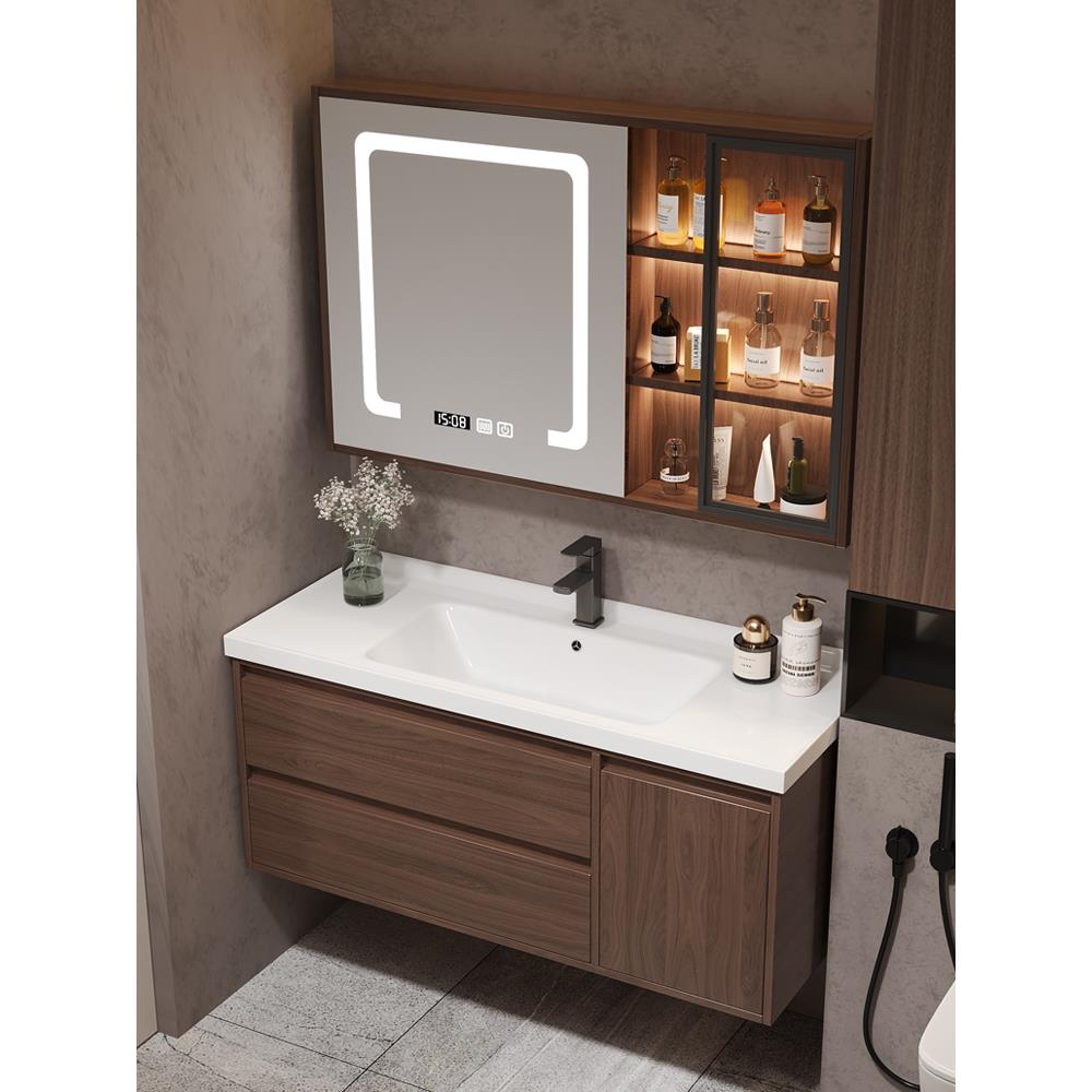 新中式胡桃木色浴室柜组合卫生间洗漱台陶瓷一体洗手盆洗脸池