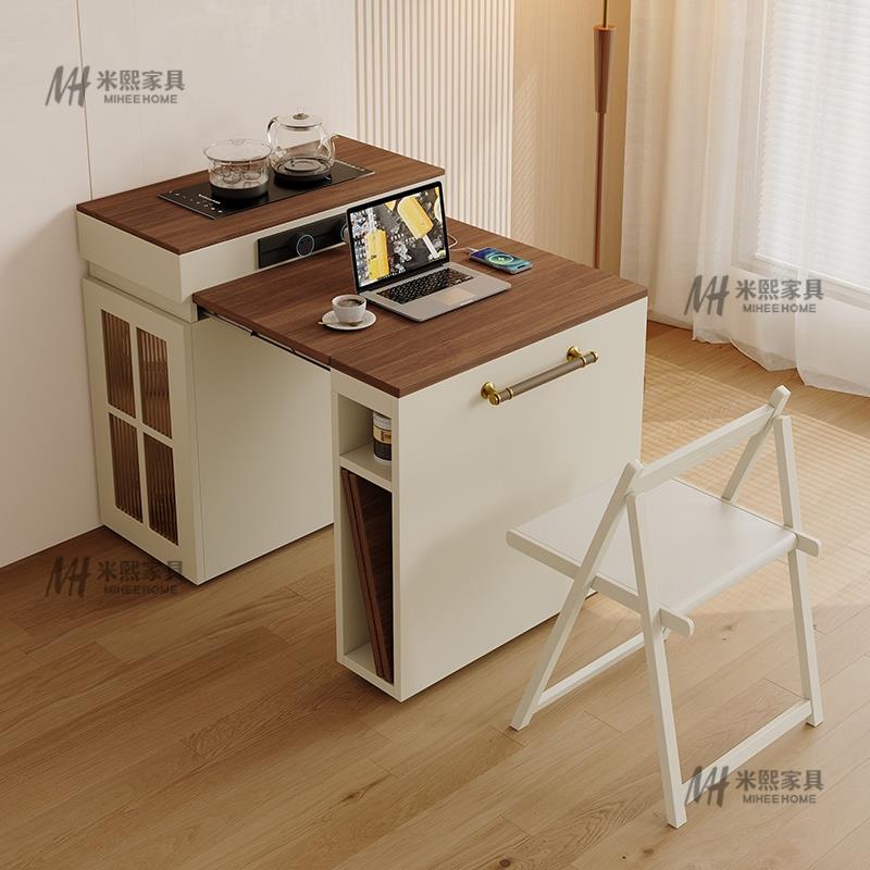 奶油风实木窄岛台餐桌一体可伸缩折叠小户型家用多功能可升降餐桌