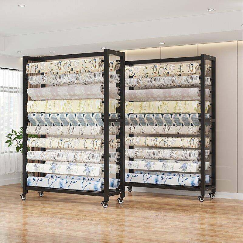 纺织布料面料展示架移动带轮家纺布卷布样吊卡货架皮革桌布塑料膜