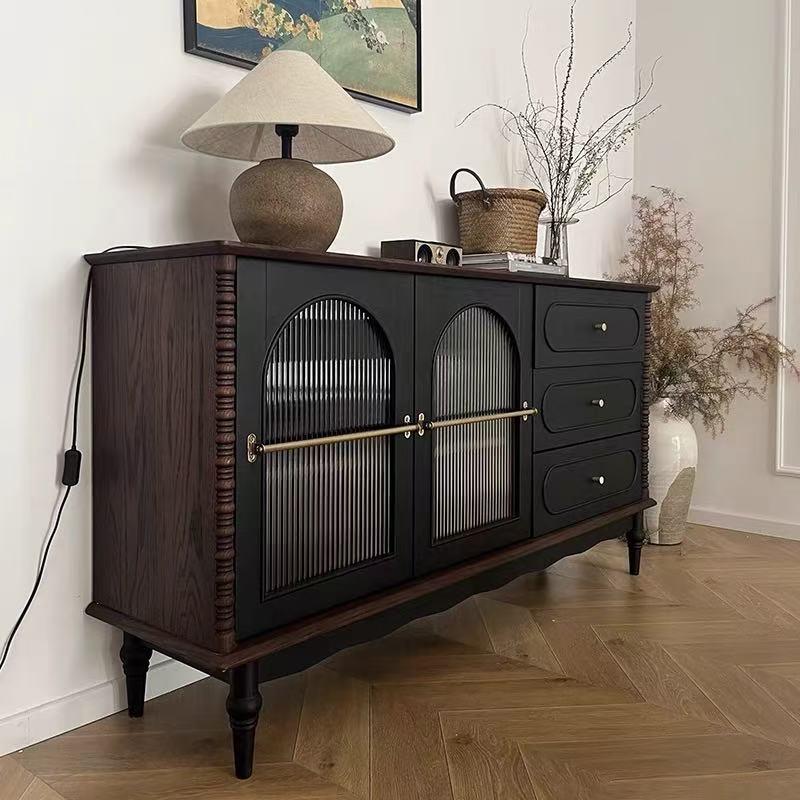 法式复古实木餐边柜家用小户型玻璃门边柜置物柜中古风客厅山野