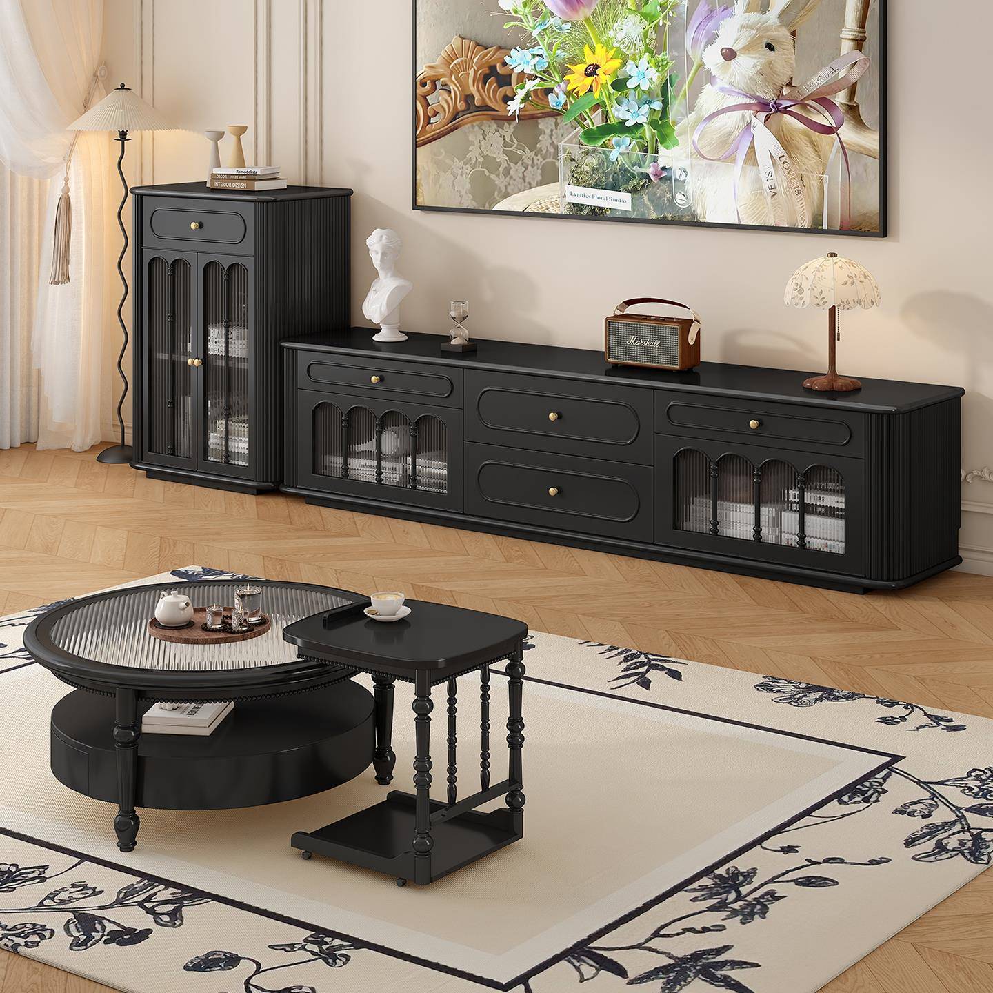 纯实木法式复古落地电视柜茶几组合收纳储物简约客厅高级感黑色
