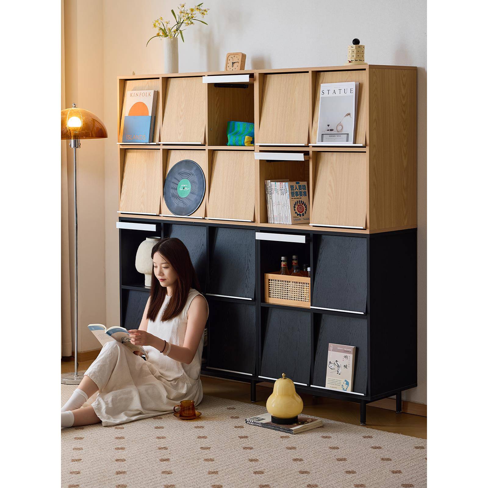 懒生活实木书柜组合客厅书柜日式防尘杂志柜橡木边柜立柜落地斗柜