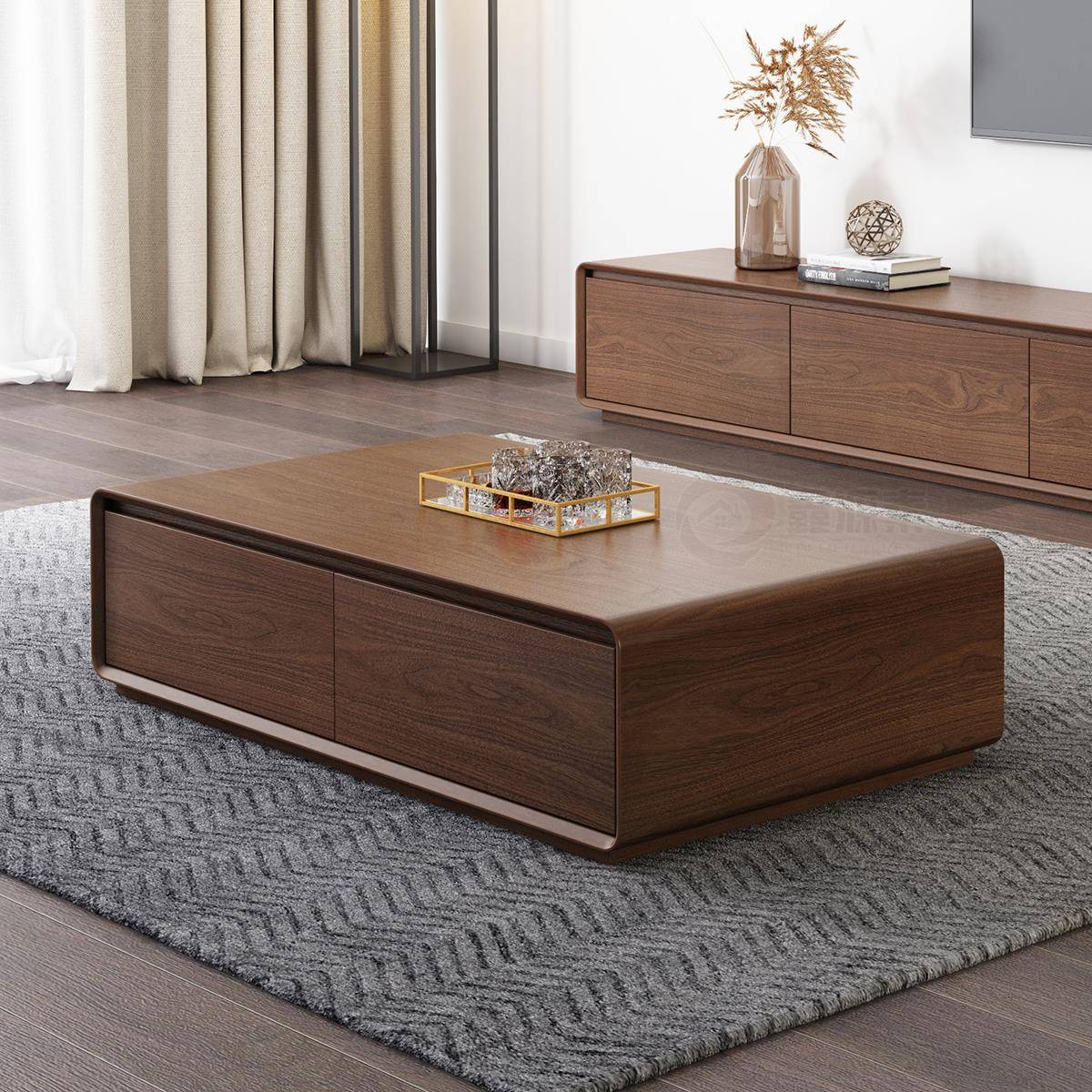 中古风实木茶几客厅家用小户型现代简约落地胡桃色茶几电视柜组合