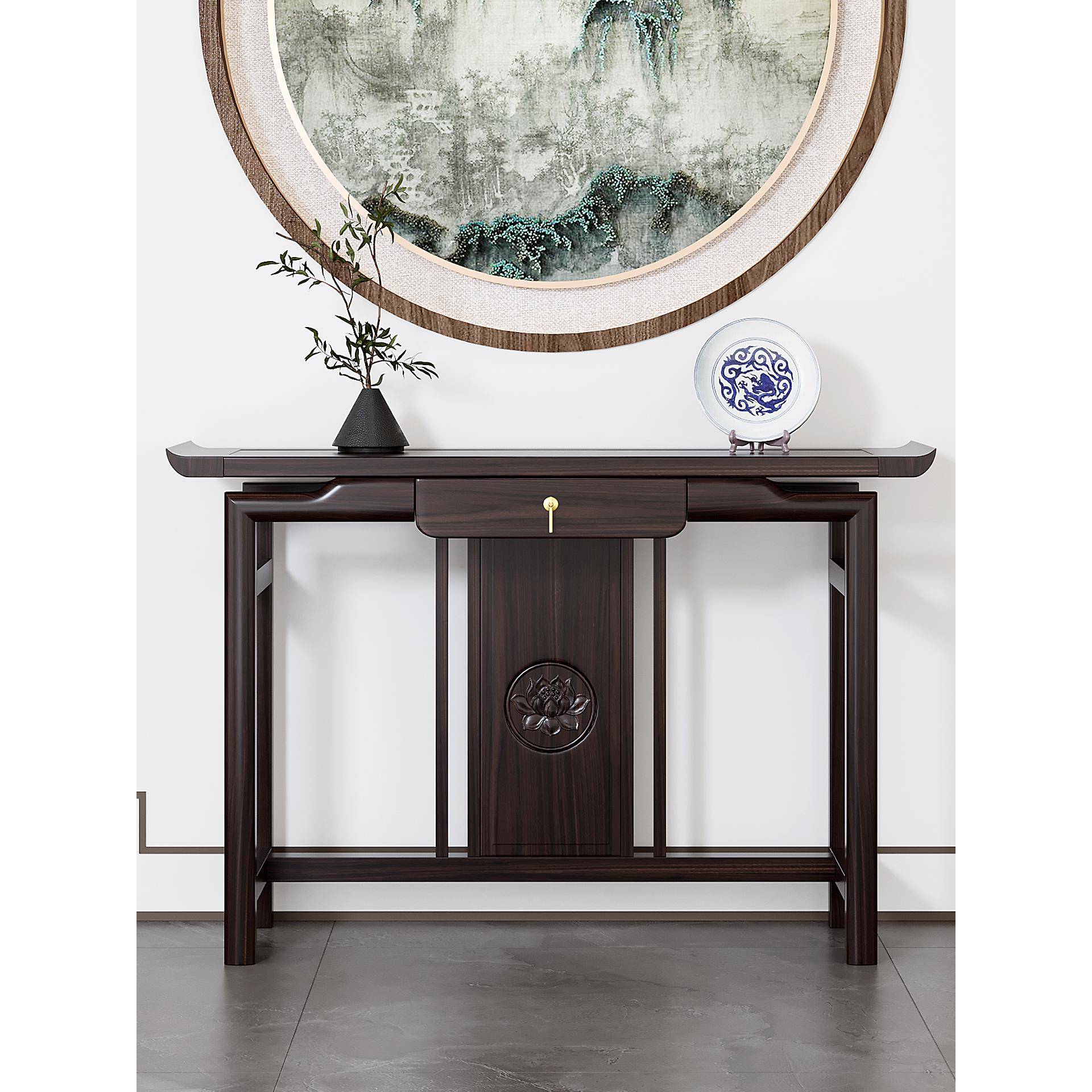 实木新中式入户玄关台案台中式供桌条案条几黄金柚木玄关柜财神桌