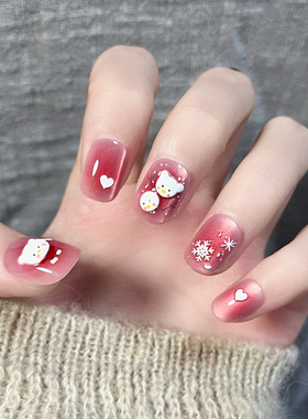 红色圣诞款穿戴甲短款可爱小熊雪花美甲贴片可拆卸指甲贴片手工甲