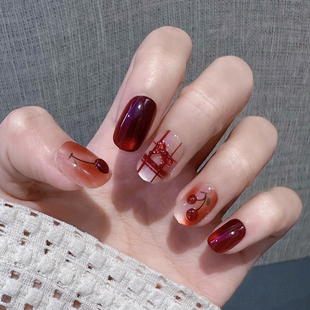 纯手工穿戴甲短款 酒红色格纹爱心美甲贴片显白高级感可拆卸指甲片