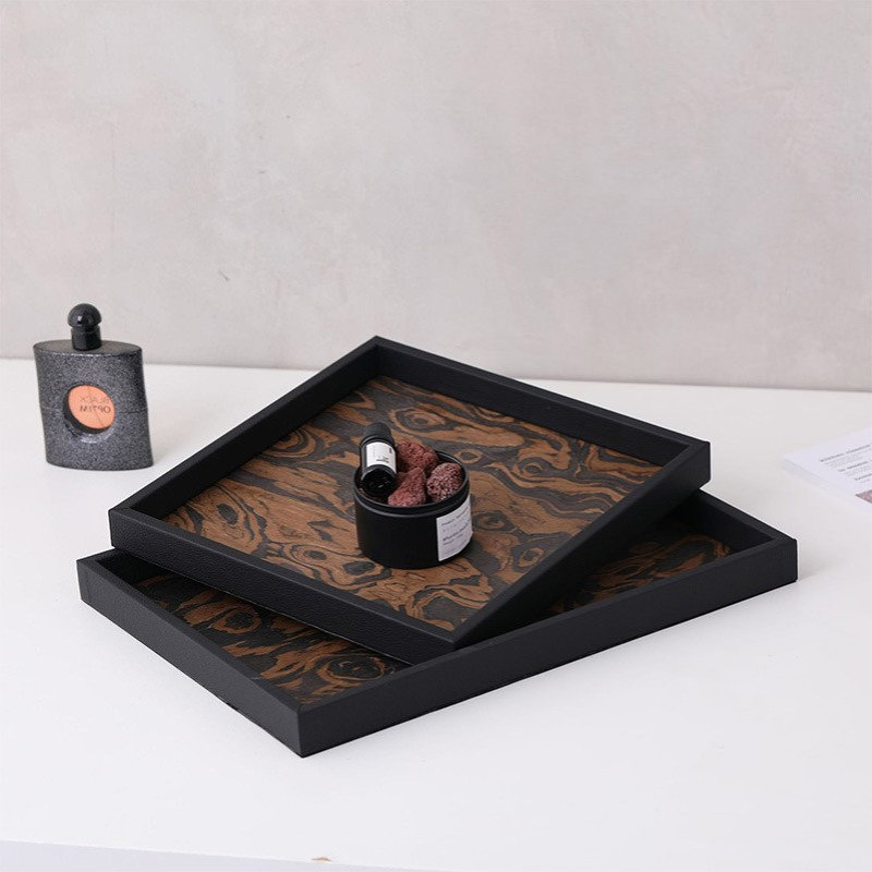 中古风木皮黑边皮质木托盘样板间家居餐厅茶几软装饰品收纳盘摆件