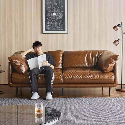 HUG怀抱沙发复古油蜡真皮沙发直排三人位小户型客厅中古风羽绒