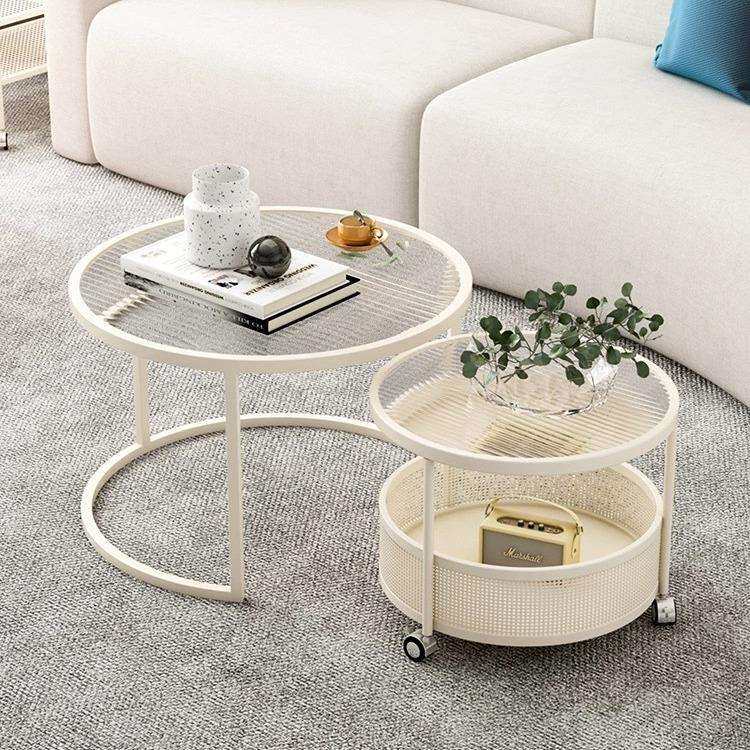 奶油风可移动茶几客厅2026新款小户型家用轻奢简约现代玻璃圆形桌