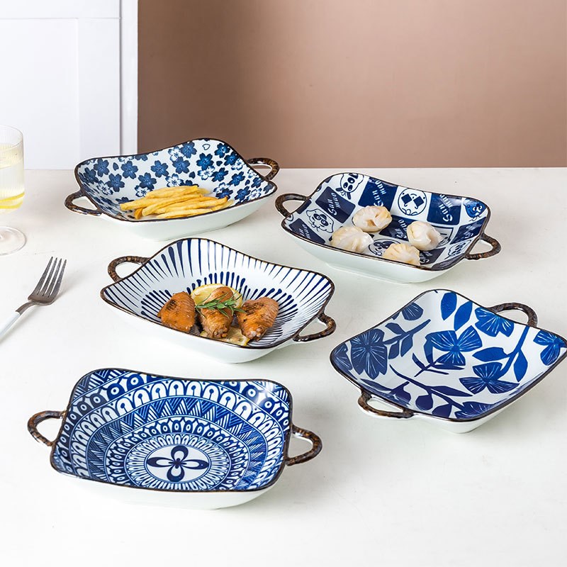 陶瓷餐具日式双耳汤碗家用陶瓷汤盘创意带柄盘瓷盘水果盘餐盘