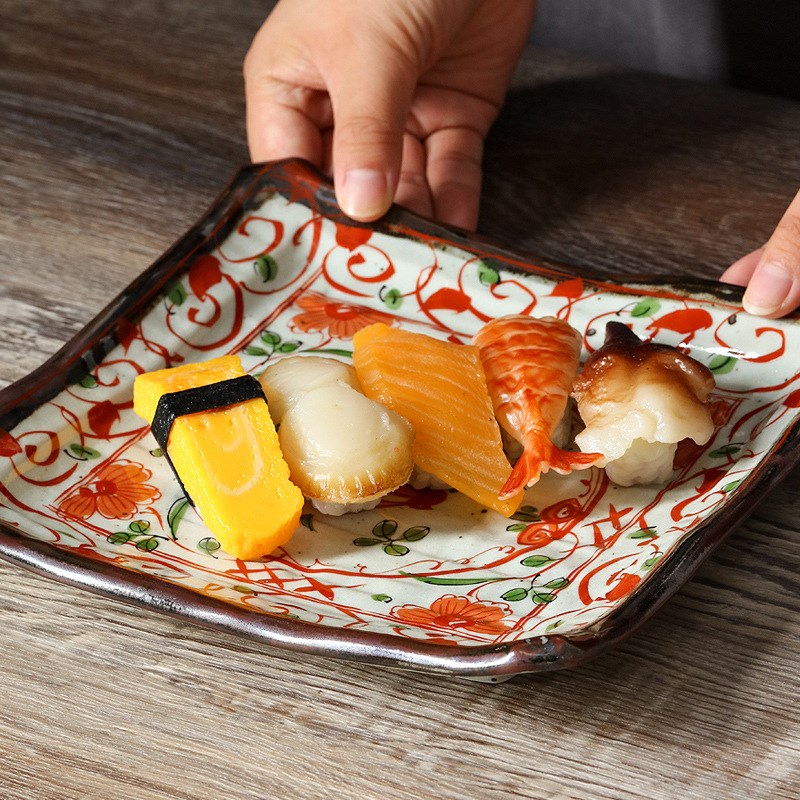 Bloom进口美浓烧赤绘陶瓷餐盘 寿司盘子四方盘大平盘日式餐具