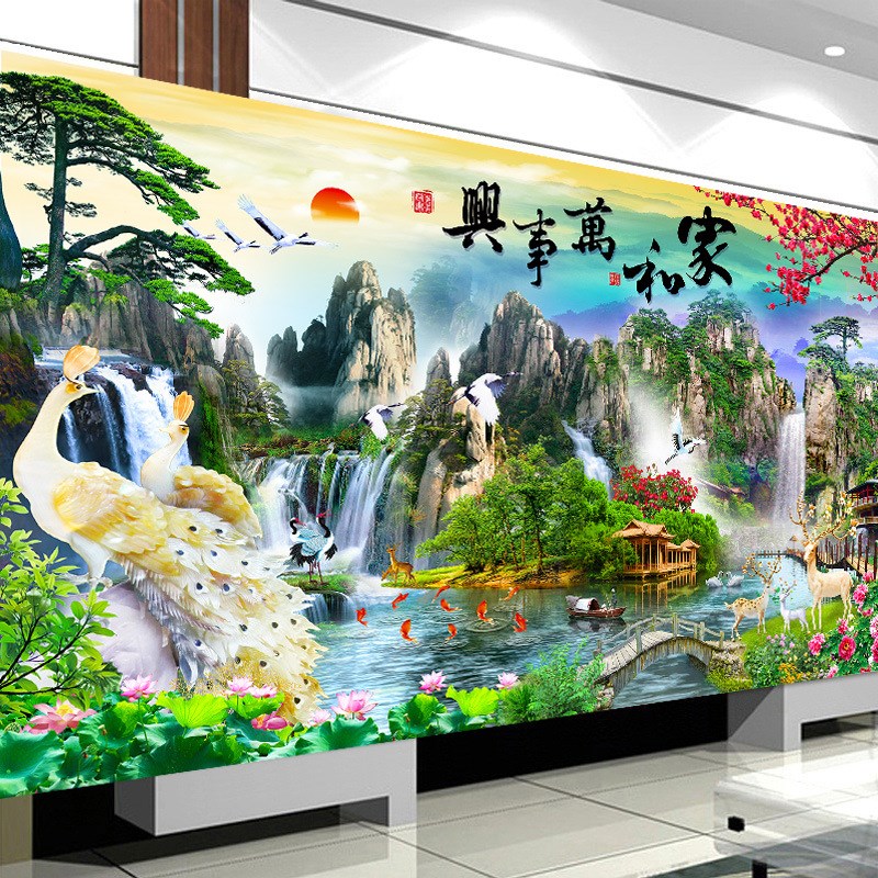 5D异形钻石画满钻新款十字绣家和万事兴客厅山水画孔雀砖石绣
