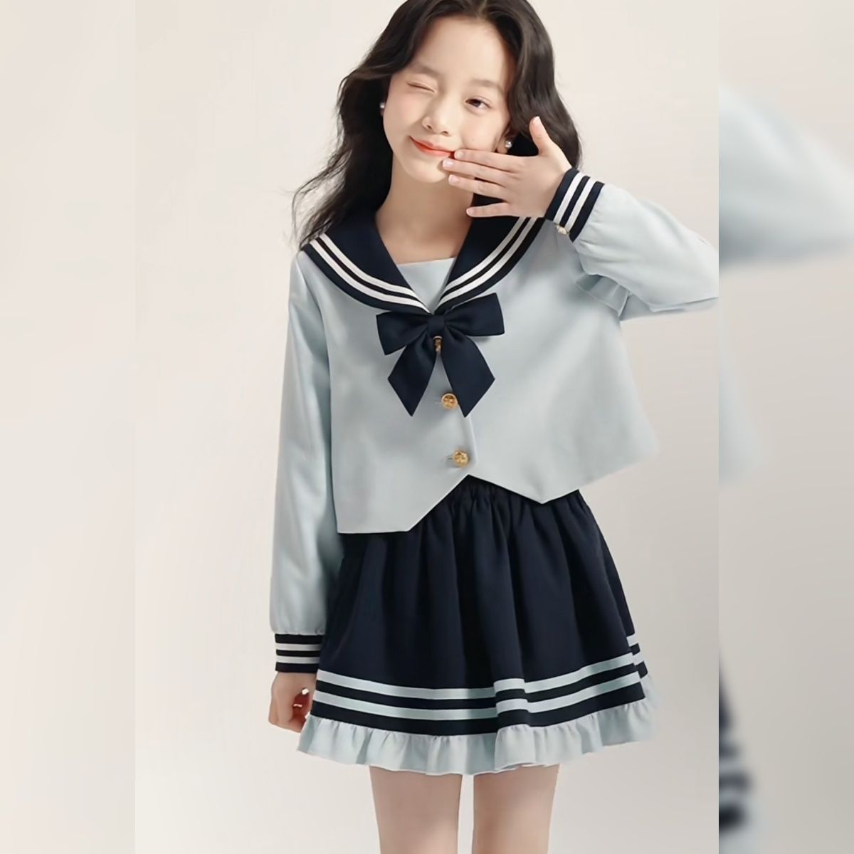 网红女童韩版洋气jk套装中大童夏季新款洋气娃娃领上衣短裙两件套