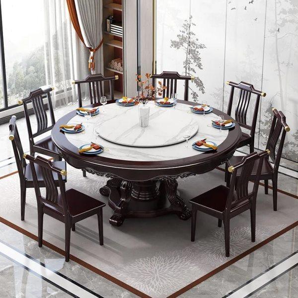 新中式全实木岩板圆形餐桌椅组合家用8/10人带转盘酒店餐厅吃饭桌,住宅家具,大理石餐桌,淘宝优惠券,粉丝福利购,淘宝优惠卷