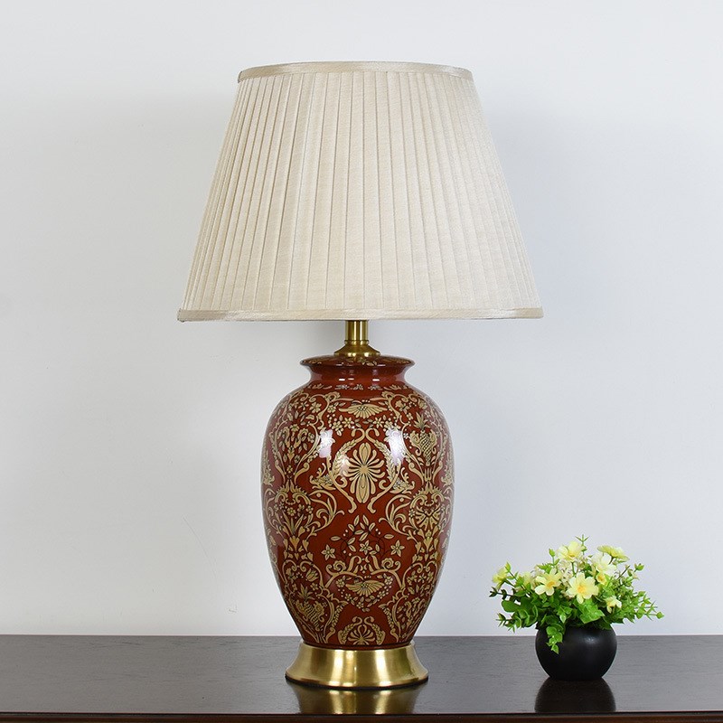美式复古暗红色陶瓷台灯褶皱灯罩客厅边几酒店样板房台灯卧室床头