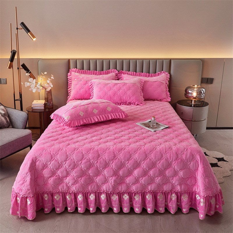 新款冬宝宝绒刺绣单床盖柔软舒适防尘隔脏床铺盖纯色百搭加绒加厚