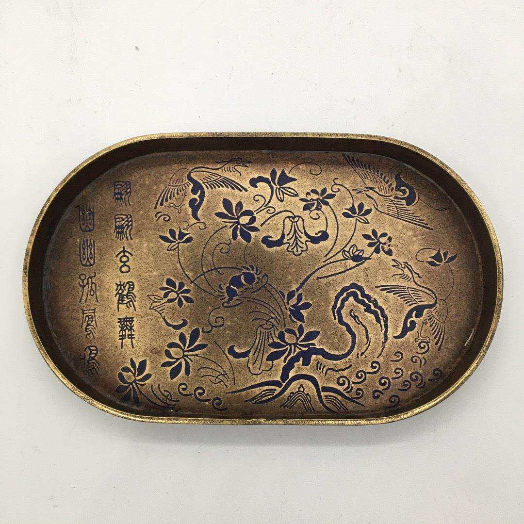 纯铜盘子纯手工漆绘仿古铜器茶盘托盘家居办公茶道装饰工艺品摆件