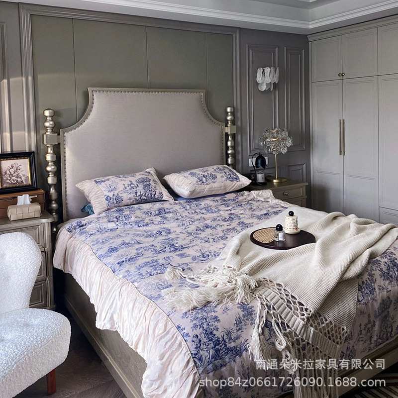 美式乡村莫里印象高端时尚实木大床主卧卧室轻奢做旧高背公主婚床