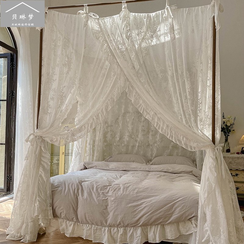公主风蕾丝花边蚊帐落地式纯白色提花加密床幔防尘遮光烤漆支架