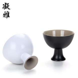 凝雅黑陶复古高脚茶杯创意陶瓷个性白粗陶主人杯家用品茗单杯茶盏