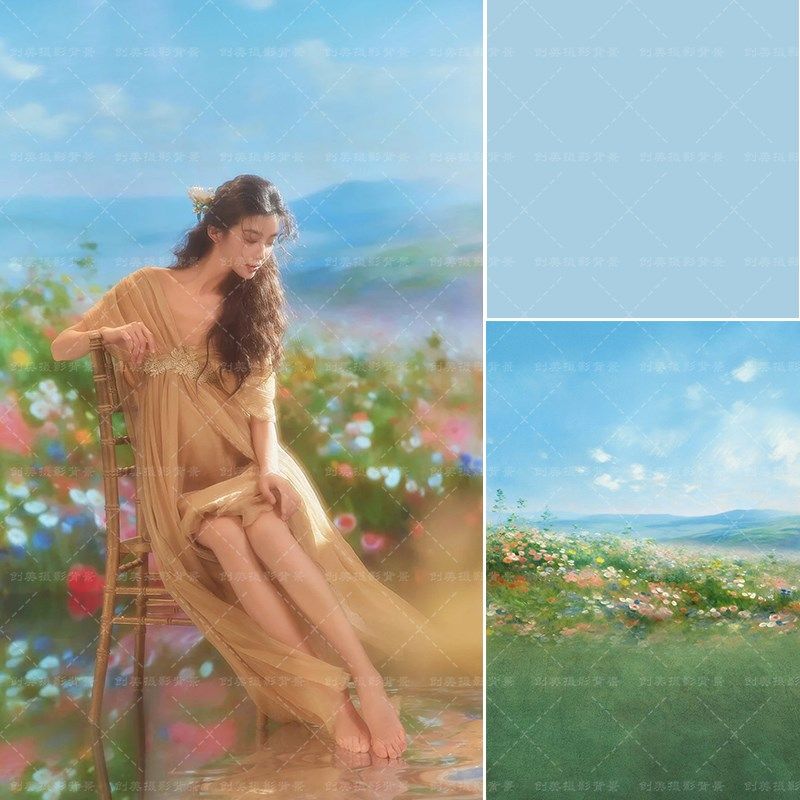 影楼少女写真油画背景布孕妇写真拍照油画背景草莫奈花园油画背景