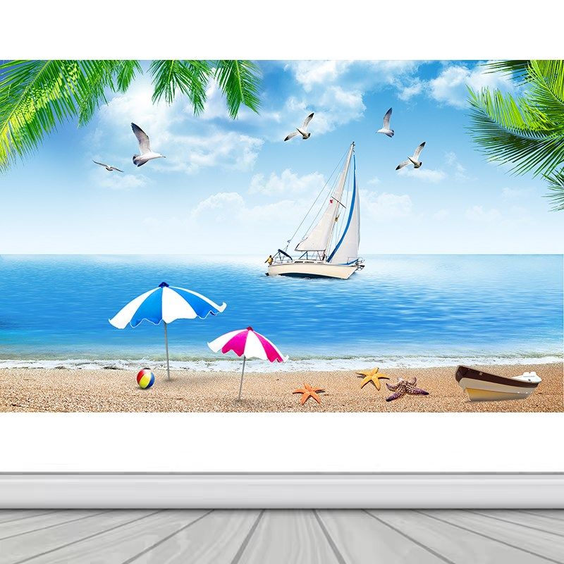 沙滩椰树帆船海边风景沙发电视背景墙纸壁纸客厅装饰画自粘墙贴画
