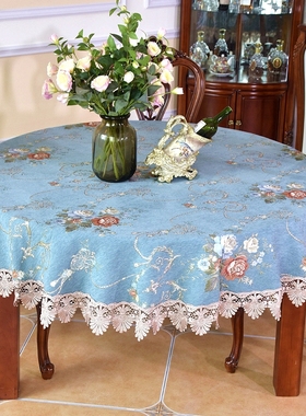 欧式蓝色加厚餐桌布布艺台布圆桌布转盘卓面家用大枱布盖布定制
