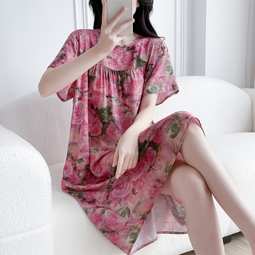 2026夏季新款宽松风女士短袖棉绸睡裙可外穿家居服吸汗透气