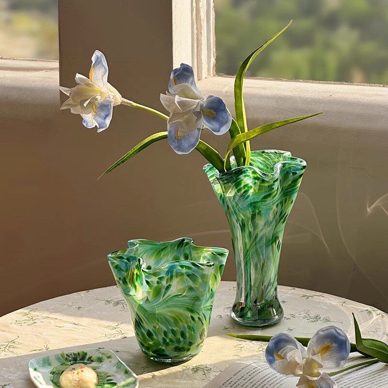 珠光翠波玻璃花瓶摆件法式复古客厅桌面水养插花装饰花器玄关摆设