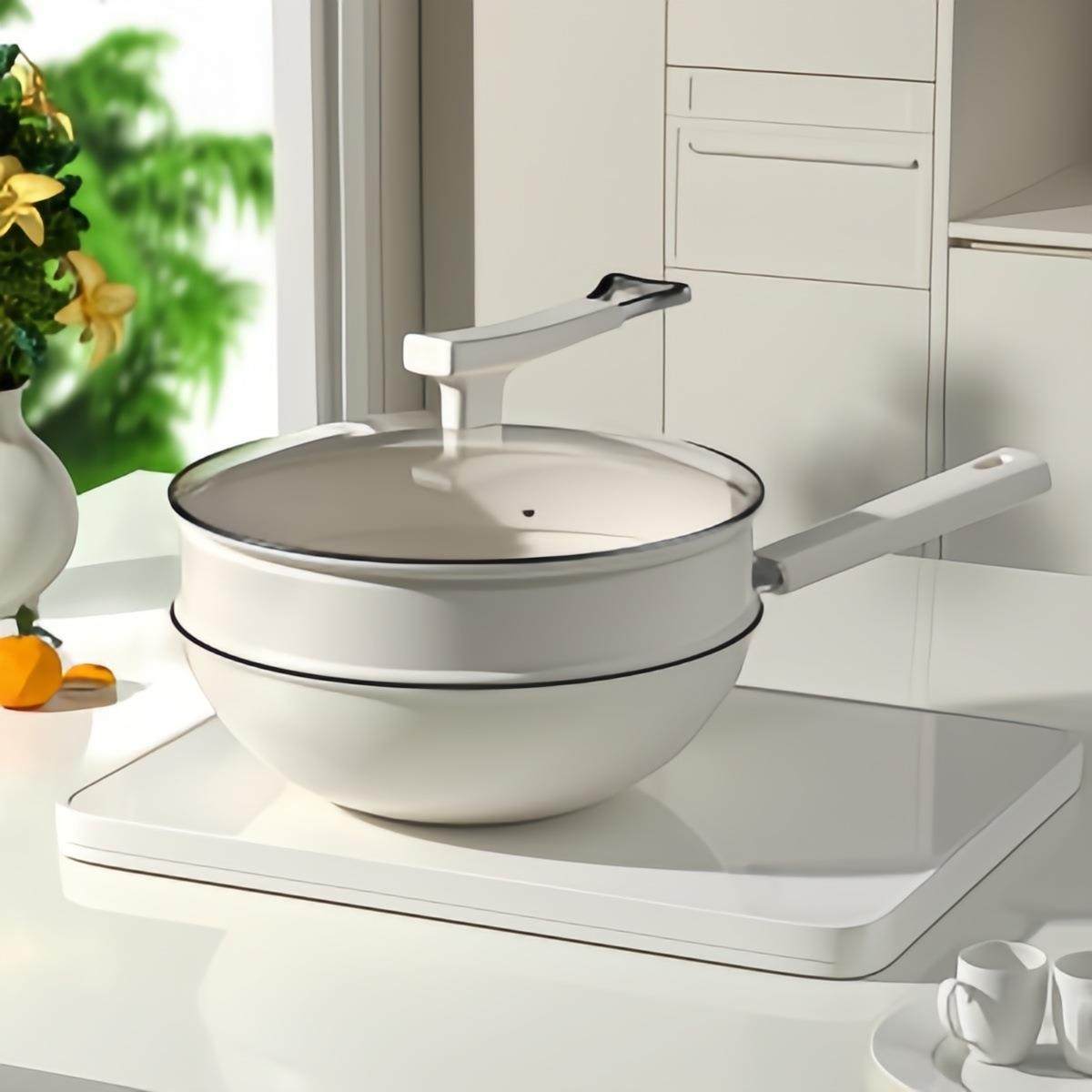 钛陶瓷炒锅家用平底炒菜锅奶白色耐磨防划不粘锅厨房用炉灶平底锅,纺织面料/辅料/配套,纺织机械配件,淘宝优惠券,粉丝福利购,淘宝优惠卷