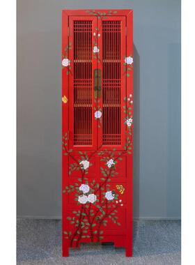新中式红色实木高柜双门五斗储物书柜手绘牡丹彩绘客厅书房收