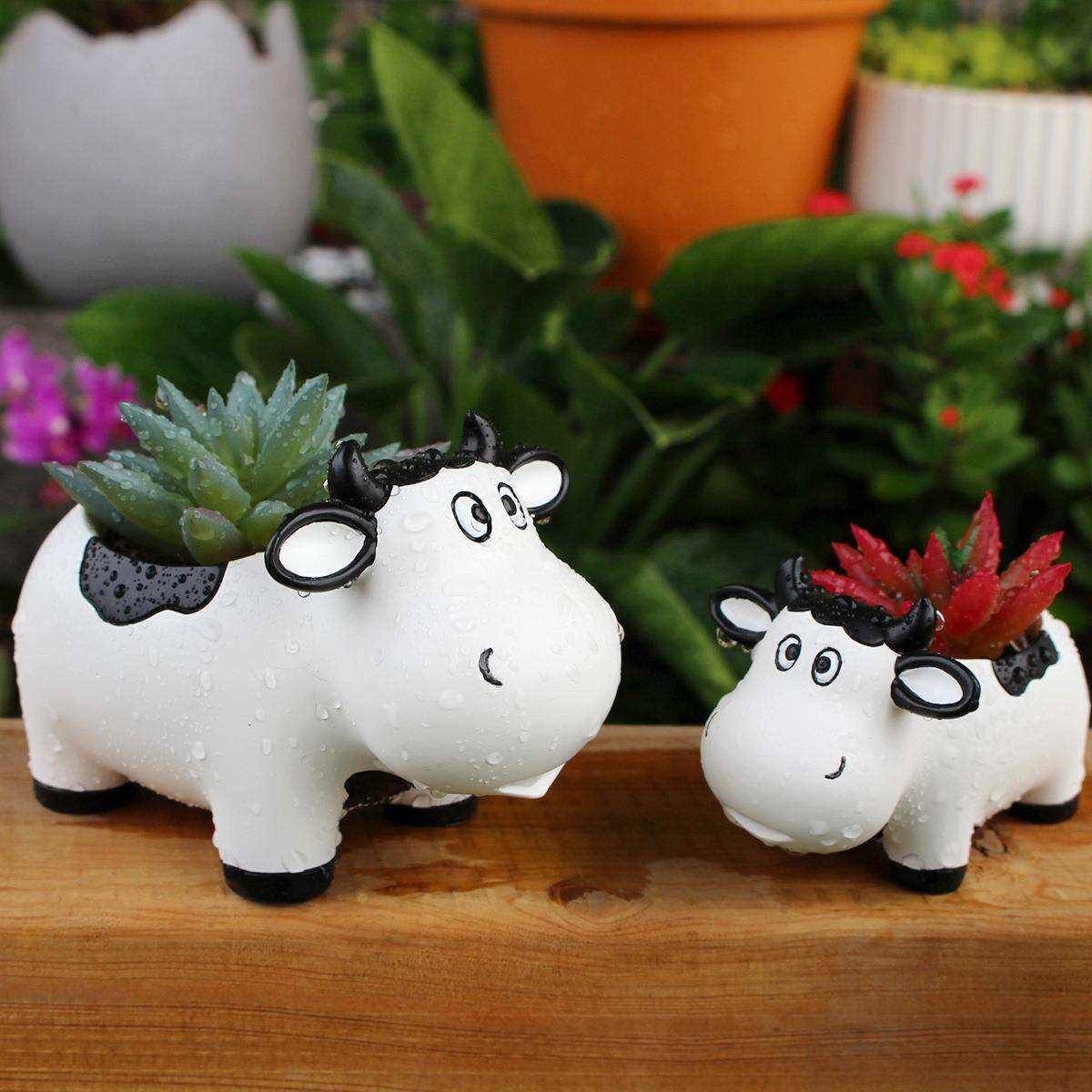 跨境新品奶牛花盆套二树脂工艺品摆件新款阳台花园奶牛多肉小花盆