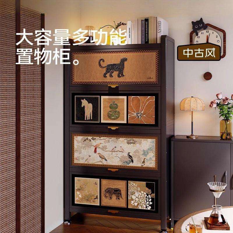橙奇中古风书架落地置物架客厅家用储物柜一体靠墙铁艺收纳书柜