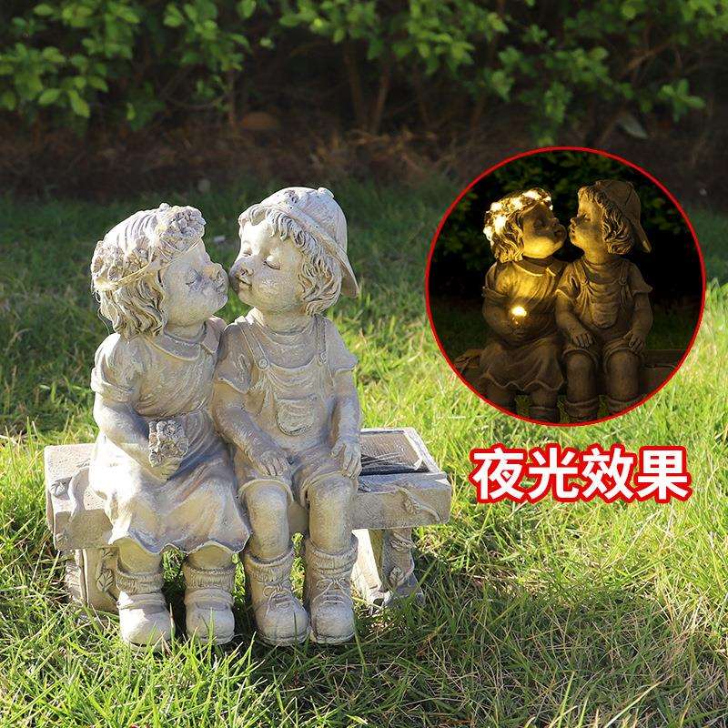 花园装饰树脂工艺品太阳能发光小孩摆件美式创意庭院跨境新品