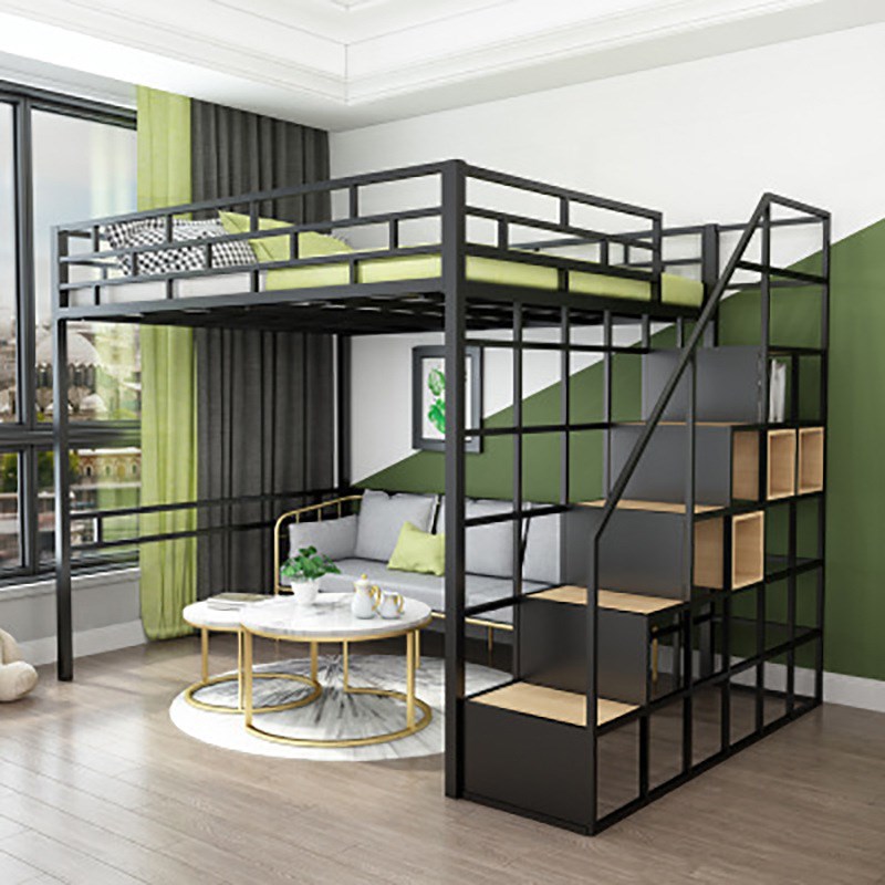现代简约带格子高架床 家庭孩子睡觉床 带楼梯上床下桌公寓铁床