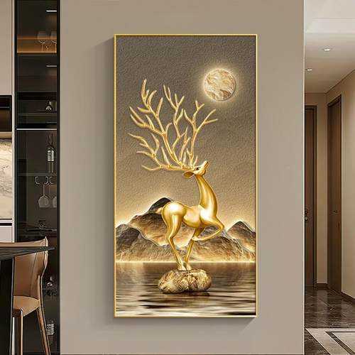 现代轻奢玄关装饰走画KFC大气麋挂鹿入户LE灯画寓意D好廊过道画